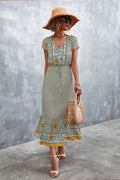 V - Neck Short Sleeve Printed Maxi Dress - CELIVINE