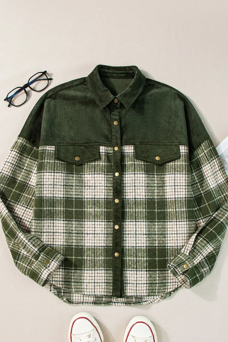 Snap Down Collared Neck Plaid Shacket - CELIVINE