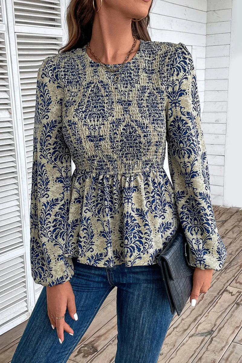 Peplum Printed Round Neck Long Sleeve Blouse - CELIVINE