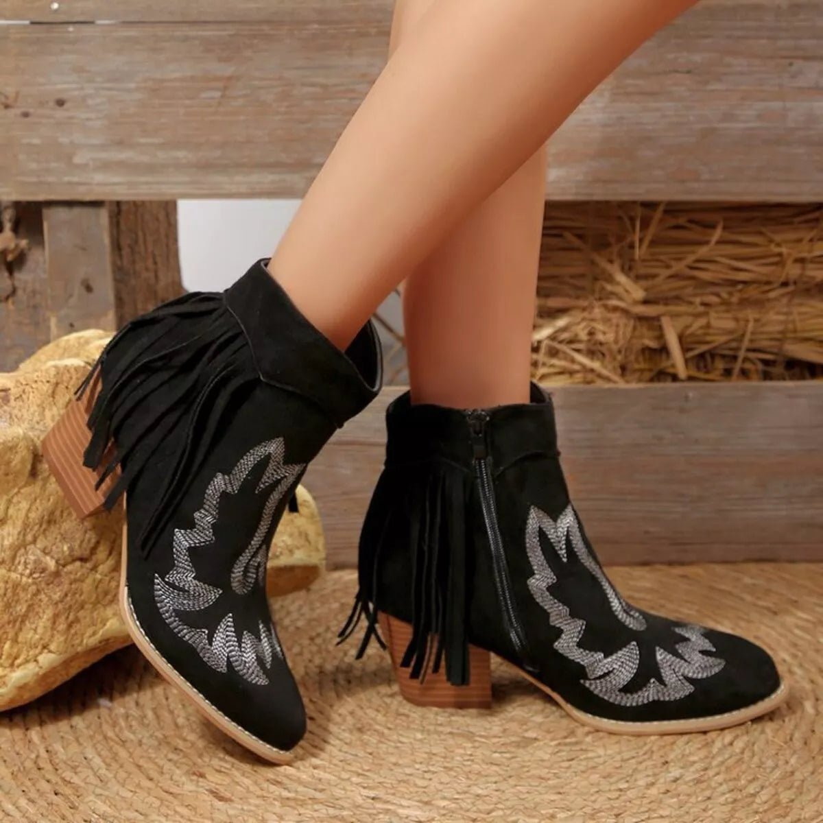 Fringe Point Toe Block Heels Boots - CELIVINE