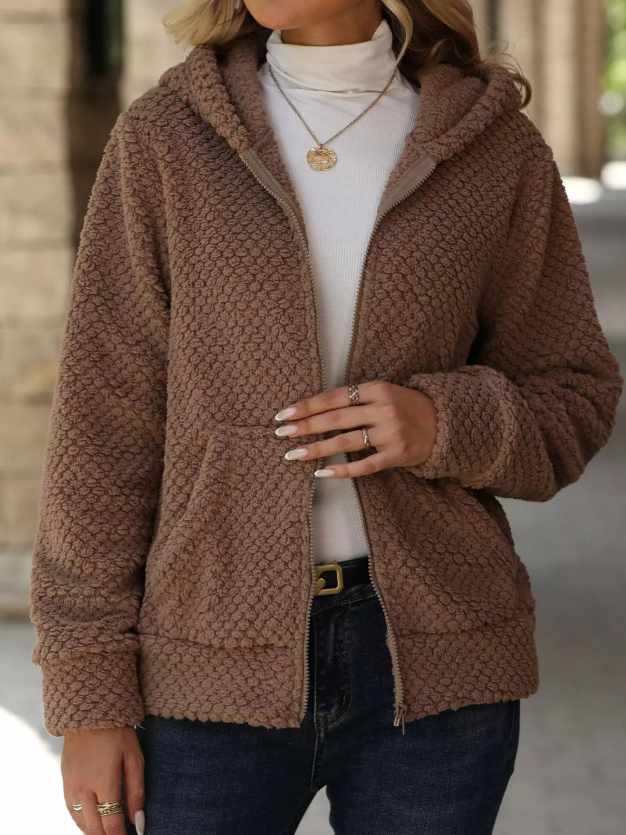 Textured Knit Zip - Up Hooded Outerwear - CELIVINE