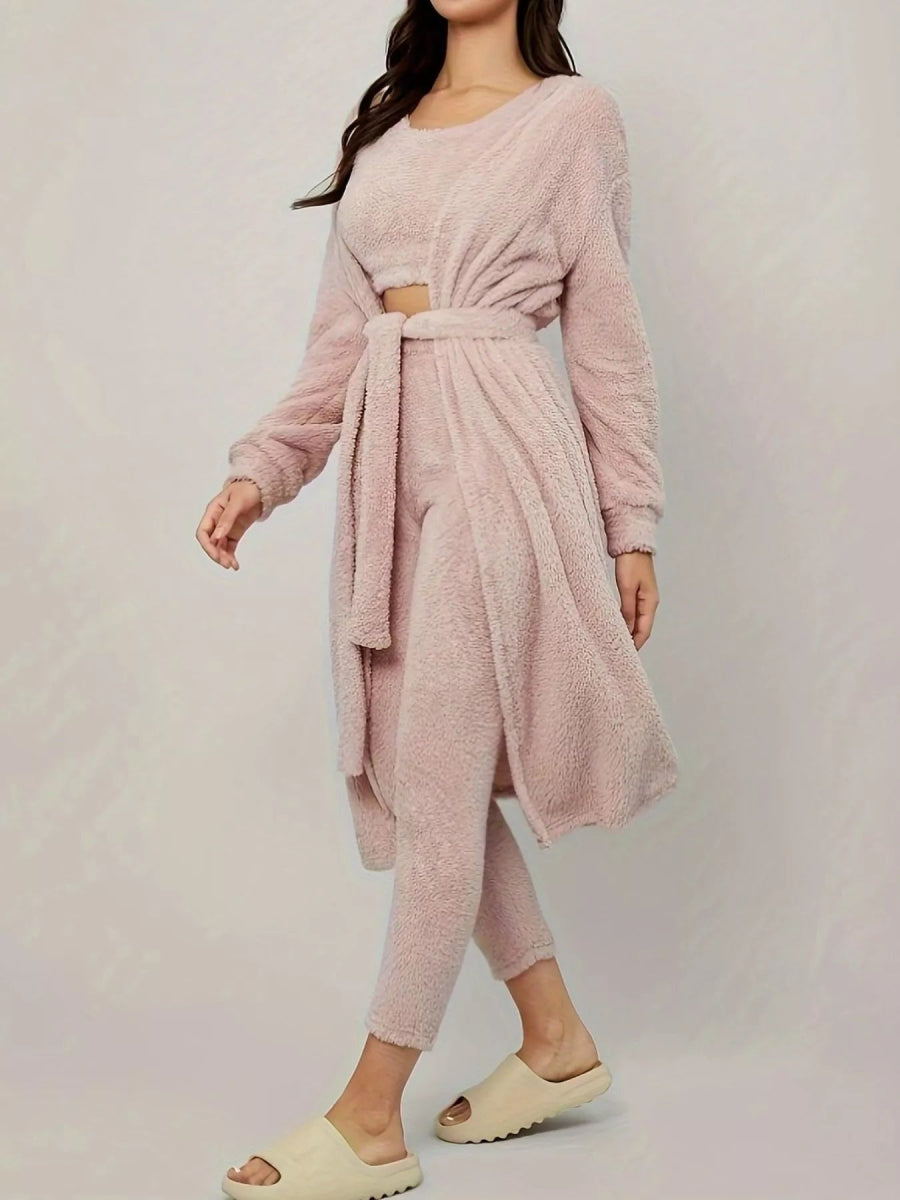 Fuzzy Tank Long Sleeve Cardigan and Pants 3 - Piece Lounge Set - CELIVINE