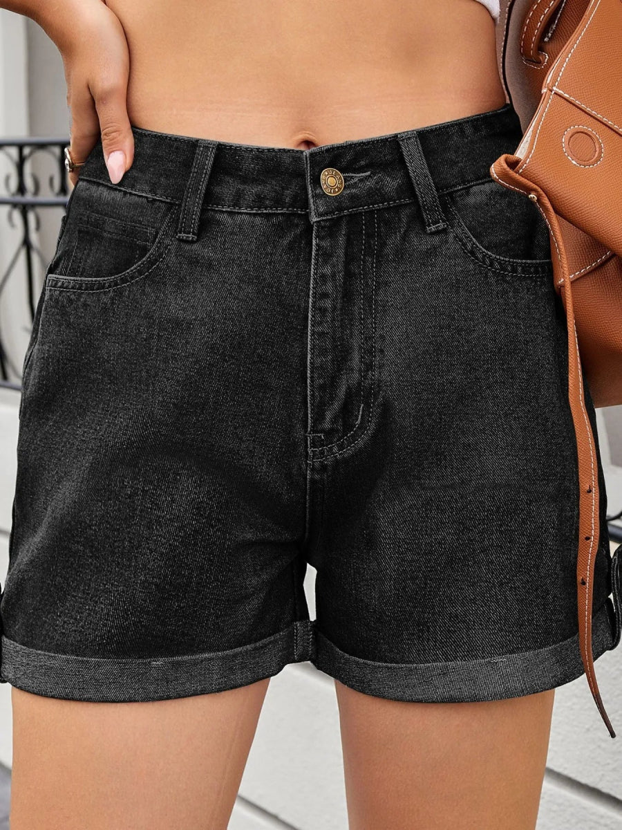 High Waist Rolled Hem Gradient Denim Shorts - CELIVINE