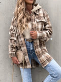 Plaid Button Up Jacket with Removable Hood - CELIVINE