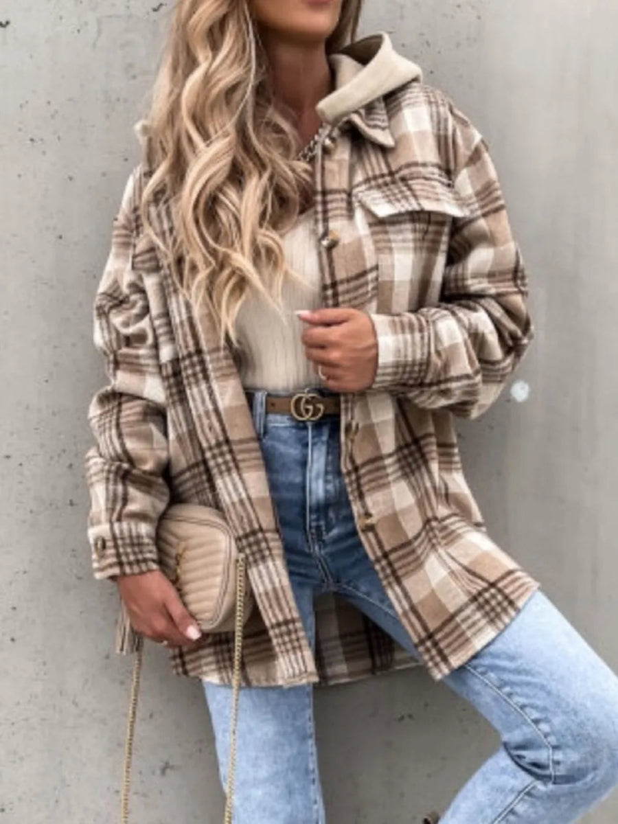 Plaid Button Up Jacket with Removable Hood - CELIVINE