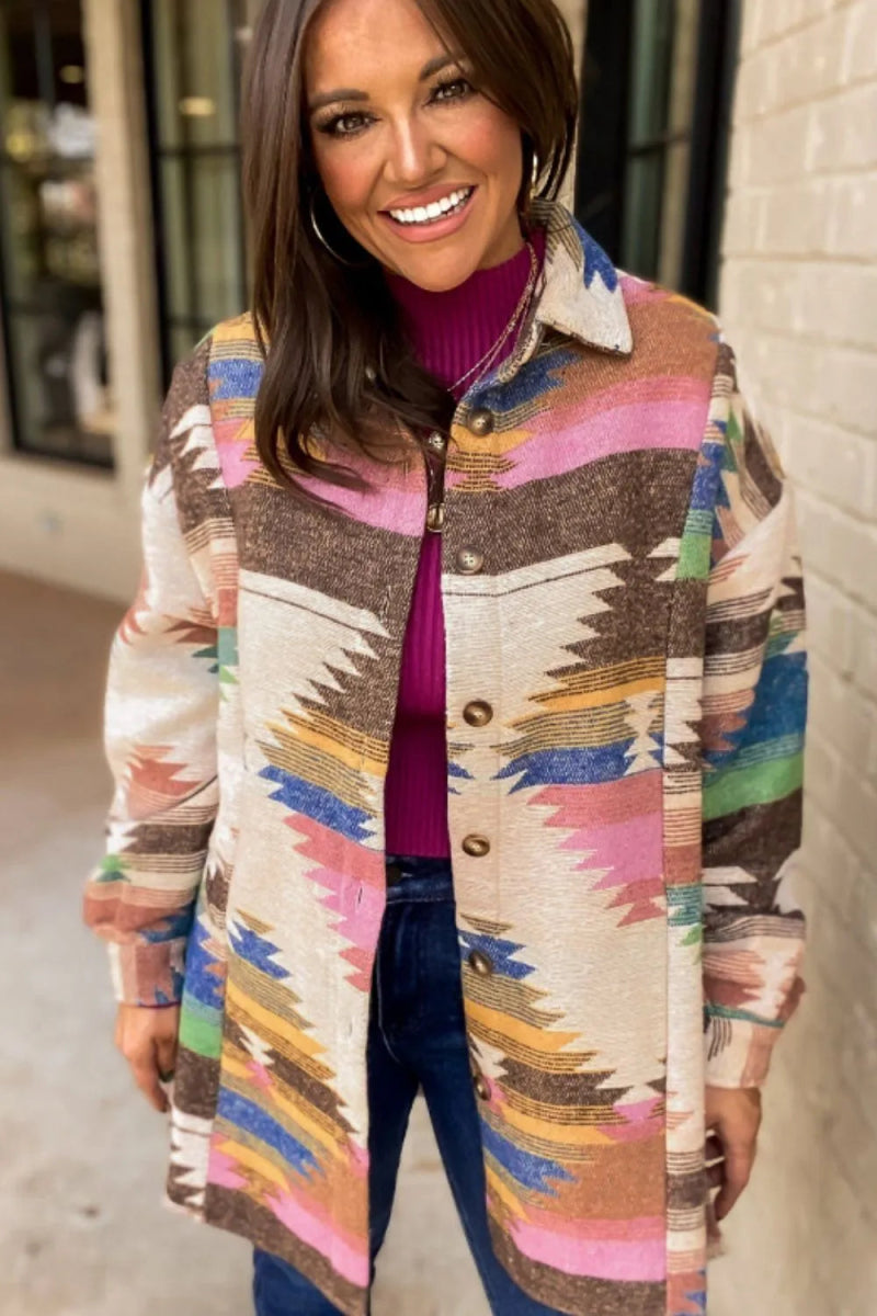 Geometric Button Up Long Sleeve Jacket - CELIVINE