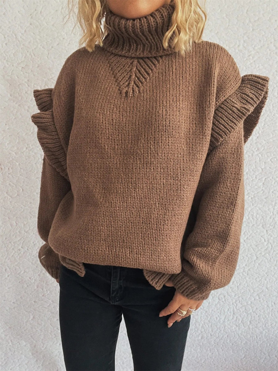 Ruffled Turtleneck Long Sleeve Sweater - CELIVINE