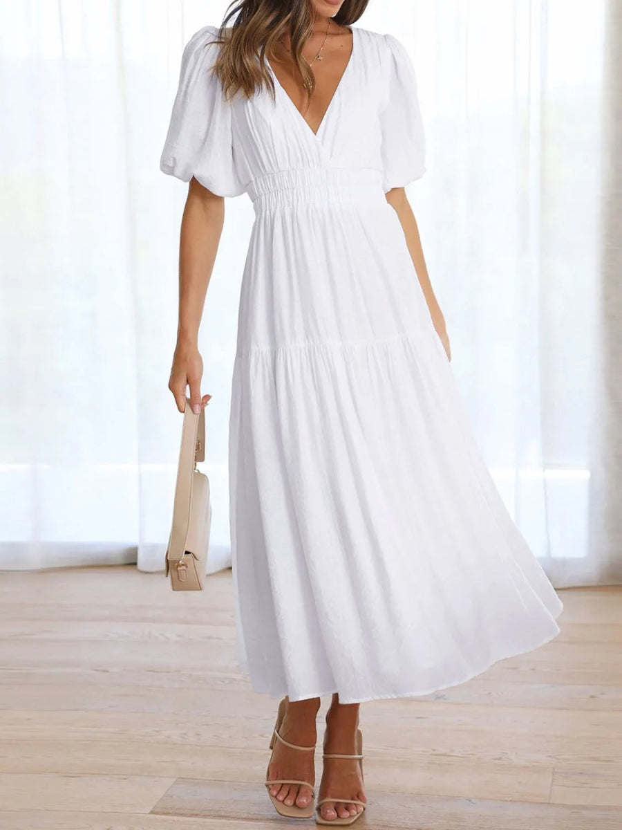 V - Neck Puff Sleeve Midi Dress - CELIVINE