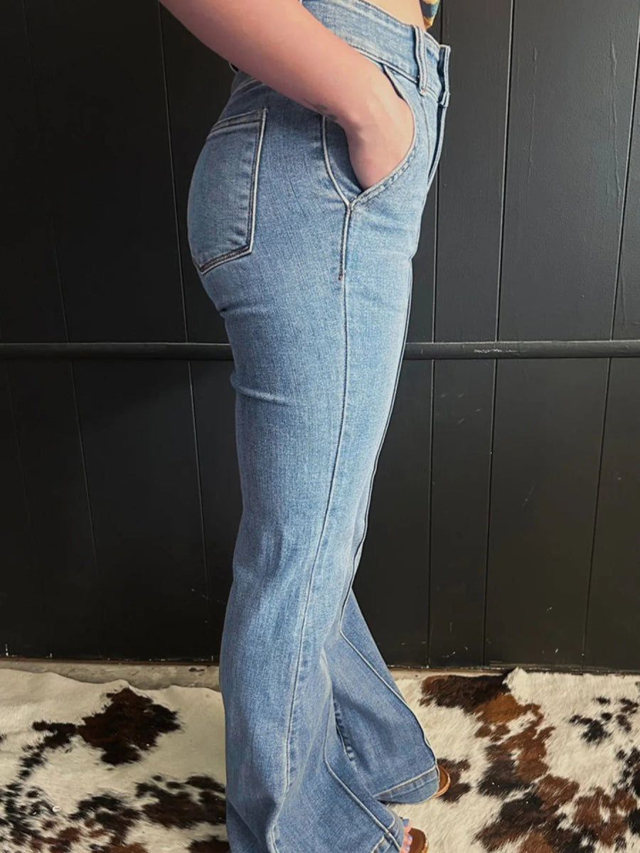 High - Waisted Flare Jeans with Seam Detail - CELIVINE