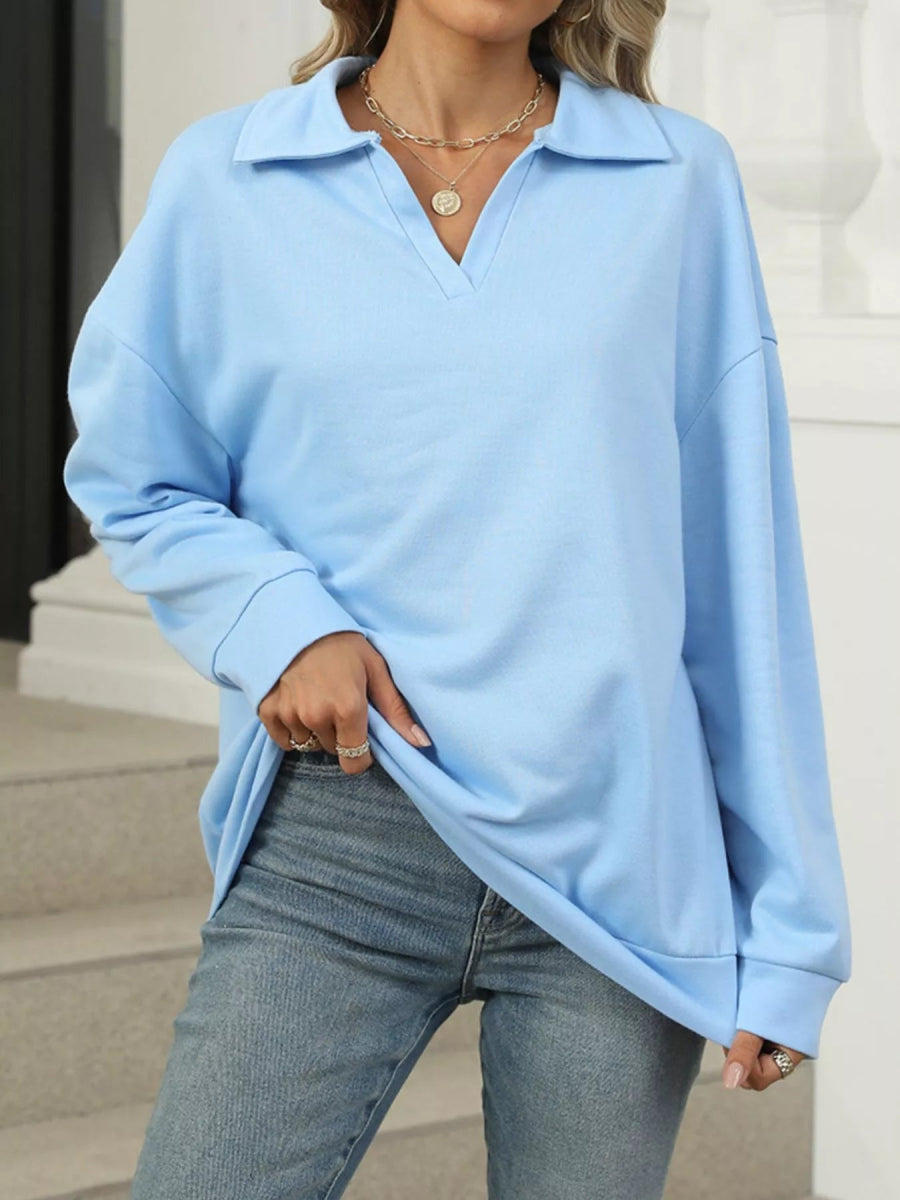 Johnny Collar Drop Shoulder Long Sleeve Sweatshirt - CELIVINE