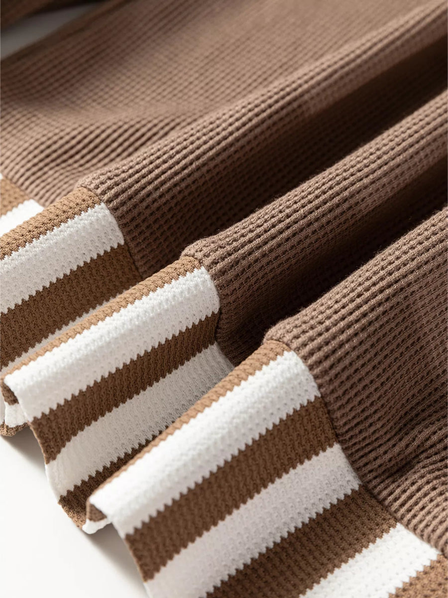 Waffle Texture Striped Patchwork Button Neck Drawstring Hoodie - CELIVINE