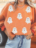 Halloween Ghost Sequin Patched Twisted Ribbed Texture Sweatshirt - CELIVINE