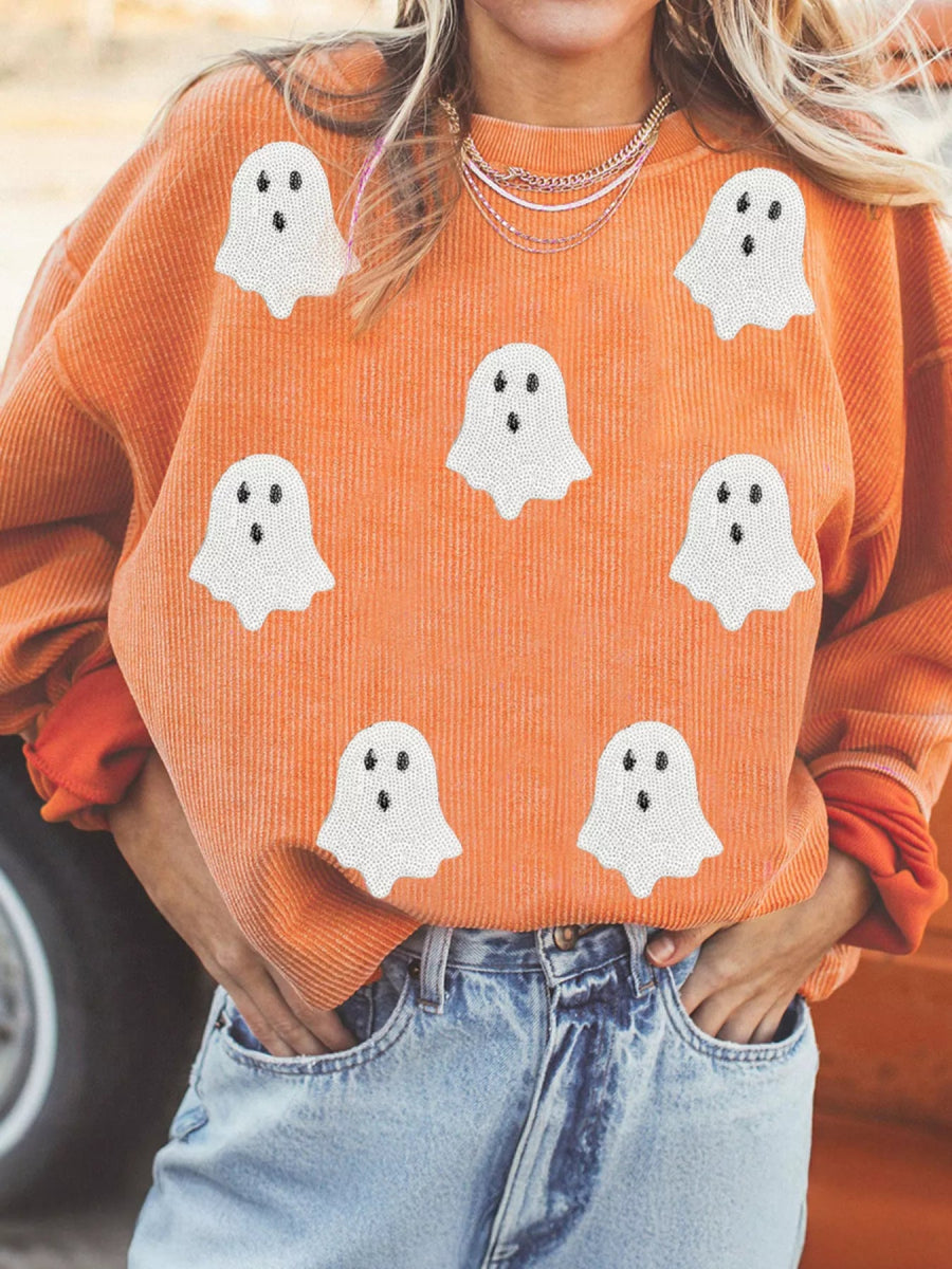 Halloween Ghost Sequin Patched Twisted Ribbed Texture Sweatshirt - CELIVINE