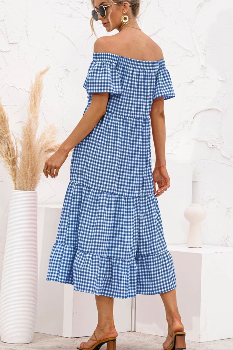 Plaid Off - Shoulder Tiered Midi Dress - CELIVINE