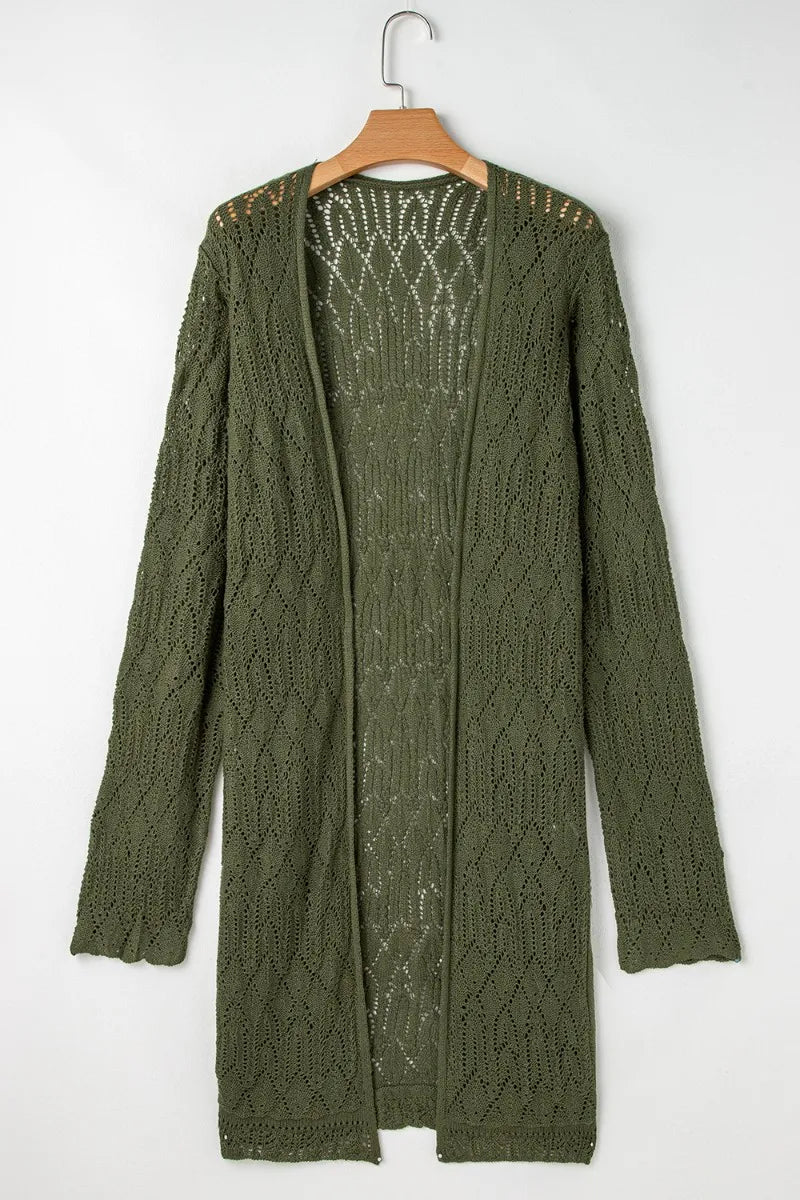 Openwork Open Front Long Sleeve Cardigan - CELIVINE