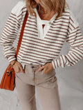 Striped V - Neck Long Sleeve Knit Hoodie - CELIVINE