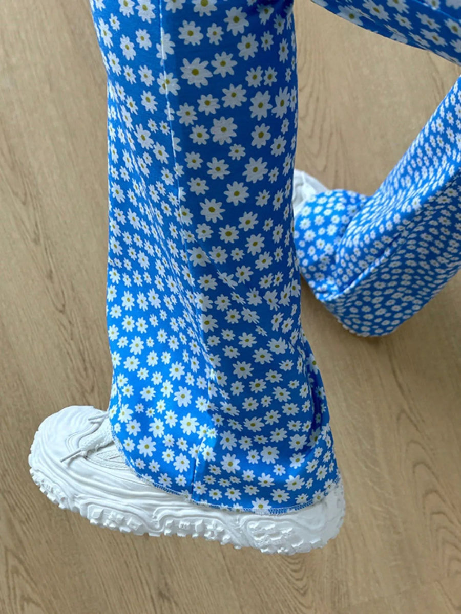 Floral Print Flare Leg Pants - CELIVINE