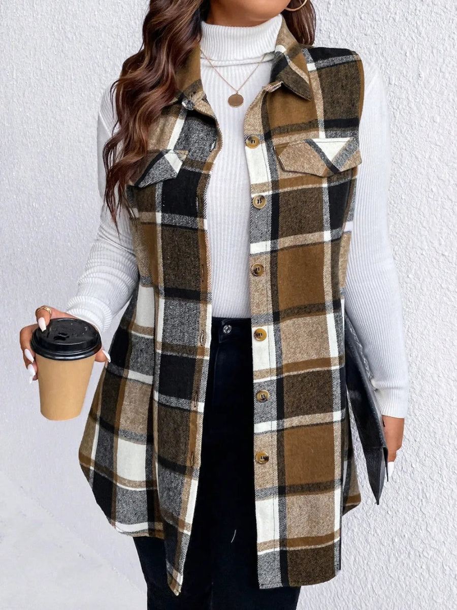 Honey Plus Size Pocketed Plaid Button Up Vest Coat - CELIVINE