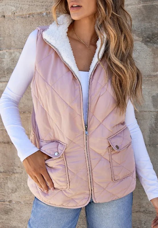 Fuzzy Zip Up Vest Coat with Pockets - CELIVINE