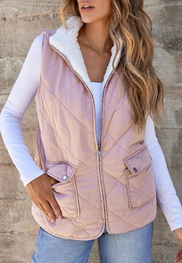 Fuzzy Zip Up Vest Coat with Pockets - CELIVINE