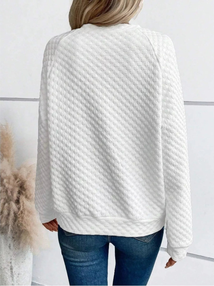 Quilted Texture Long Sleeve Sweatshirt with Notched Neck - CELIVINE