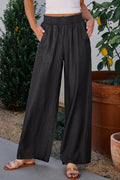 Side Pockets Frilled Smocked High Waist Wide Leg Pants - CELIVINE