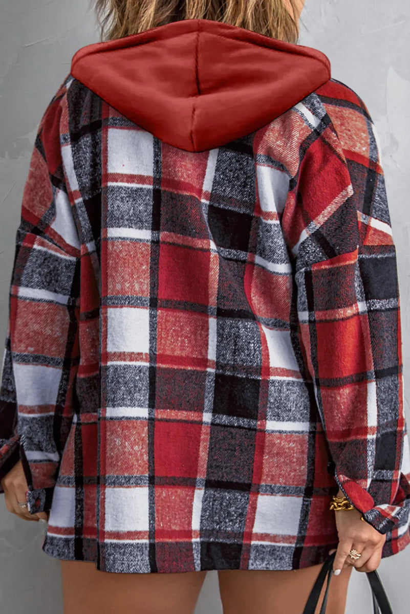 Plus Size Plaid Button Up Hooded Jacket - CELIVINE