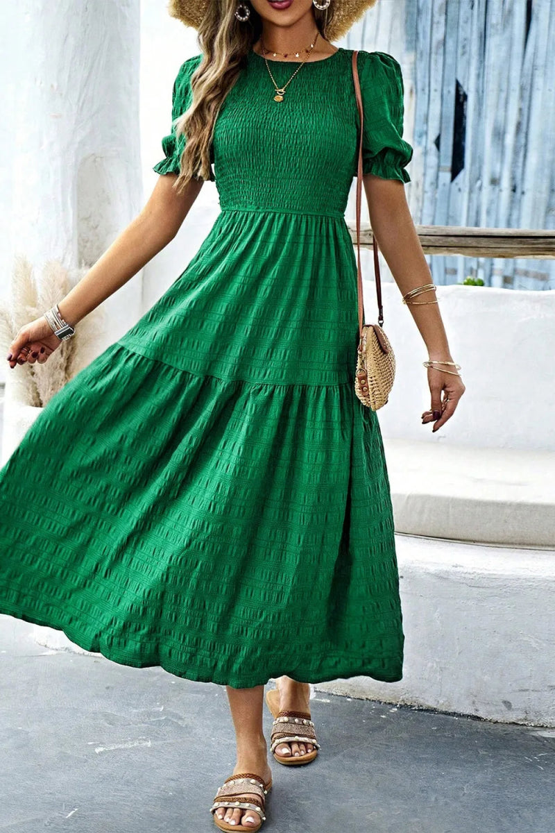 Smocked Puff Sleeve Midi Dress - CELIVINE