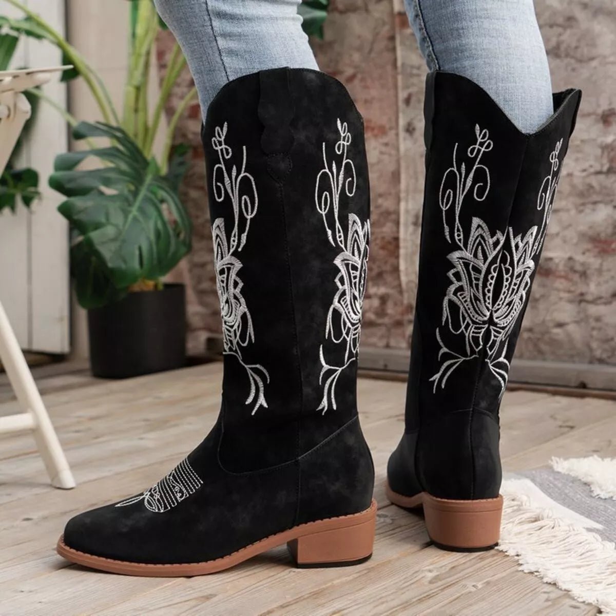 Embroidered Block Heels Boots - CELIVINE