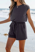 Knit Open Back Cap Sleeve Drawstring Romper - CELIVINE