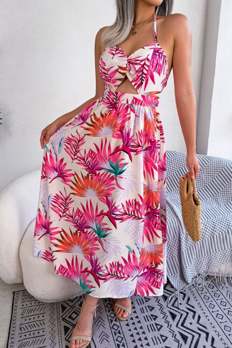 Botanical Print Tied Backless Cutout Slit Dress - CELIVINE