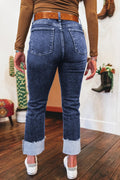 Folded Cuffs Distressed Straight High Waist Jeans - CELIVINE