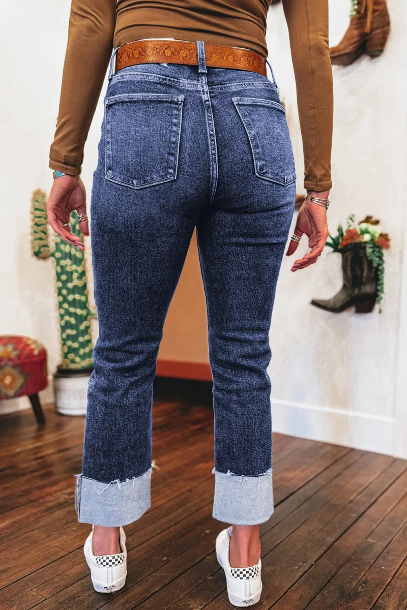 Folded Cuffs Distressed Straight High Waist Jeans - CELIVINE