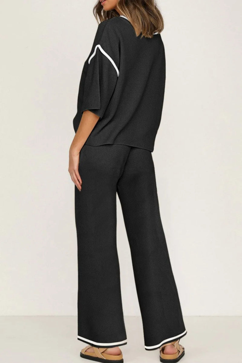 Contrast Trim Round Neck Top and Pants Set - CELIVINE