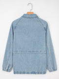 Elastic Edge Collared Zip Up Denim Jacket With Pocket - CELIVINE