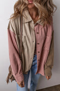 Button Up Color Block Long Sleeve Shacket - CELIVINE