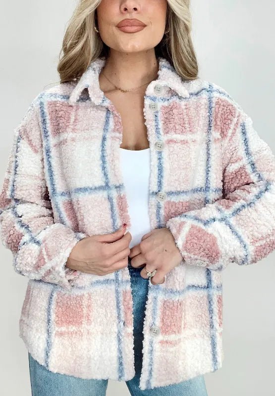 Plaid Button Up Collared Neck Sherpa Jacket - CELIVINE