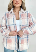 Plaid Button Up Collared Neck Sherpa Jacket - CELIVINE
