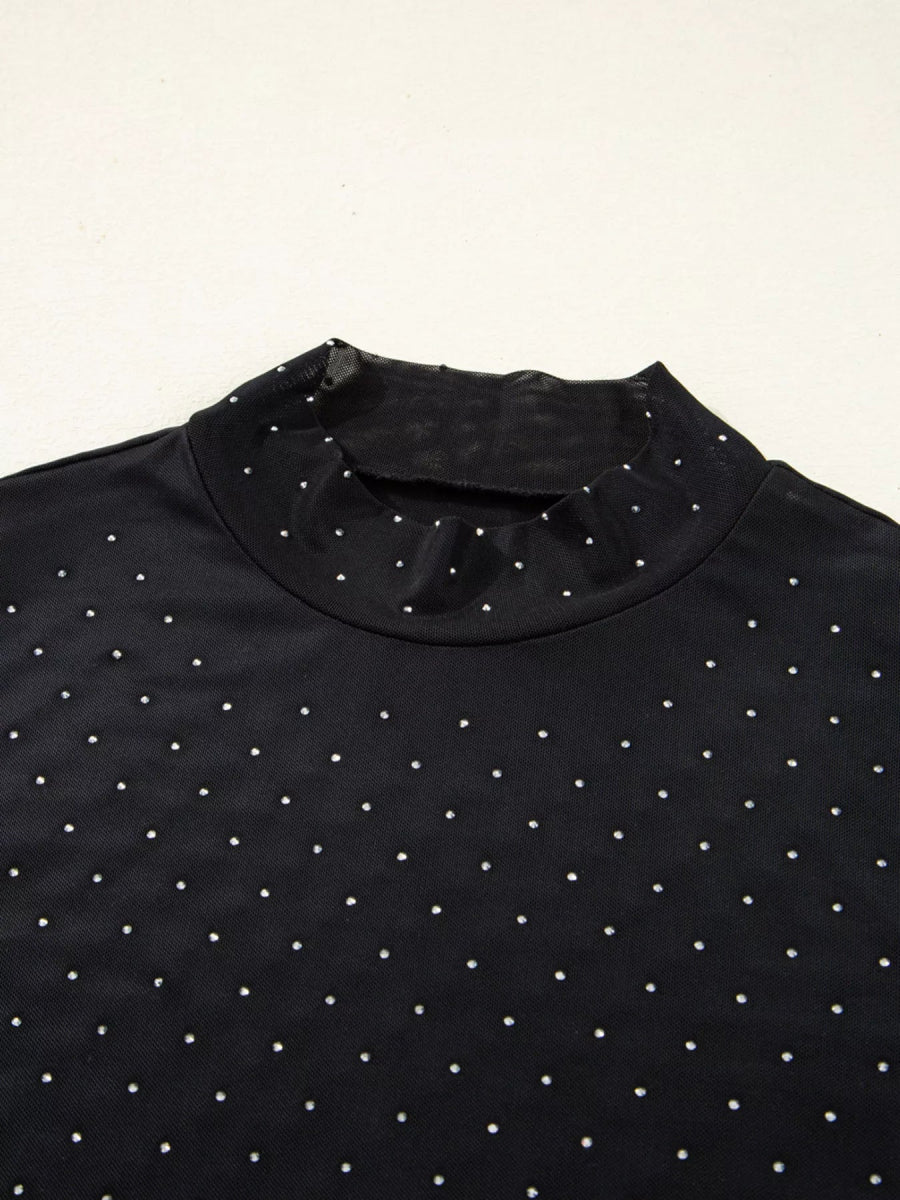 Rhinestone Embellished Mesh Long Sleeve Top - CELIVINE