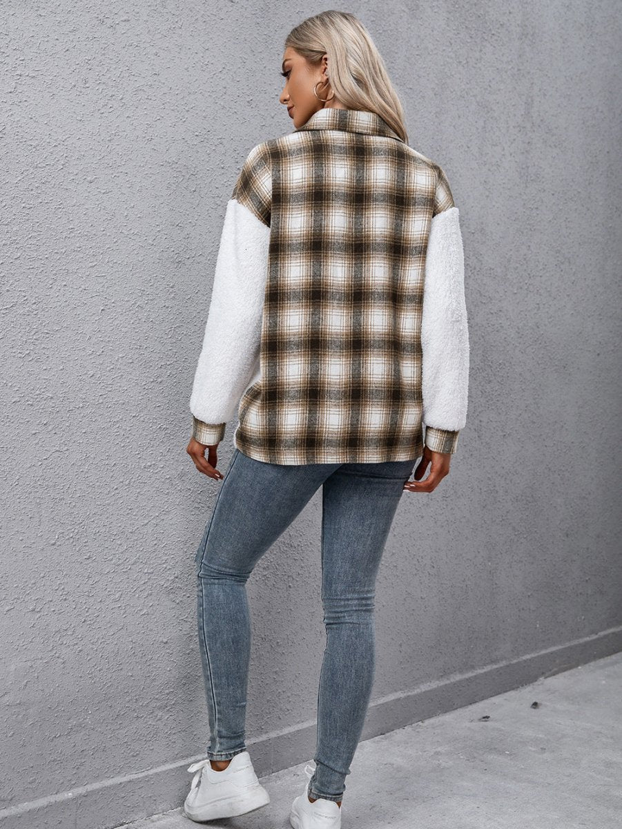 Plaid Collared Neck Button Down Jacket - CELIVINE