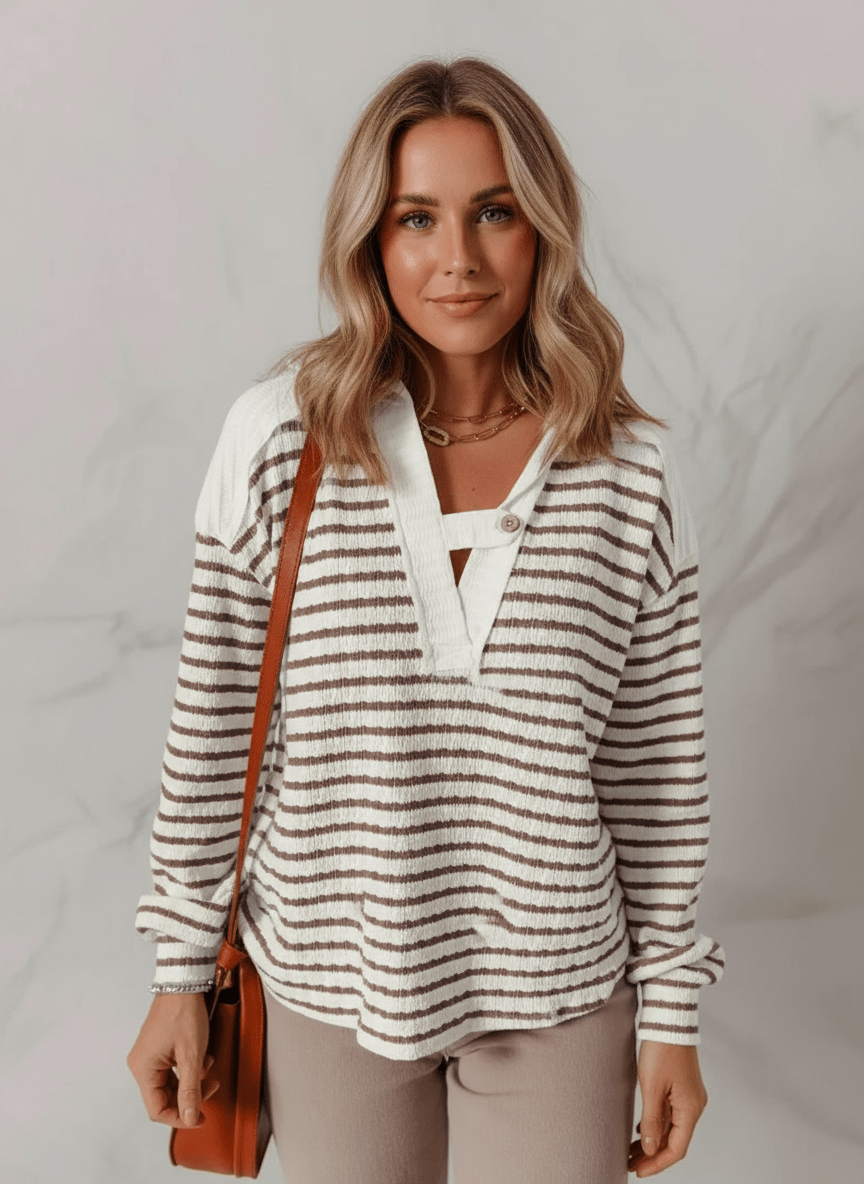 Striped V - Neck Long Sleeve Knit Hoodie - CELIVINE