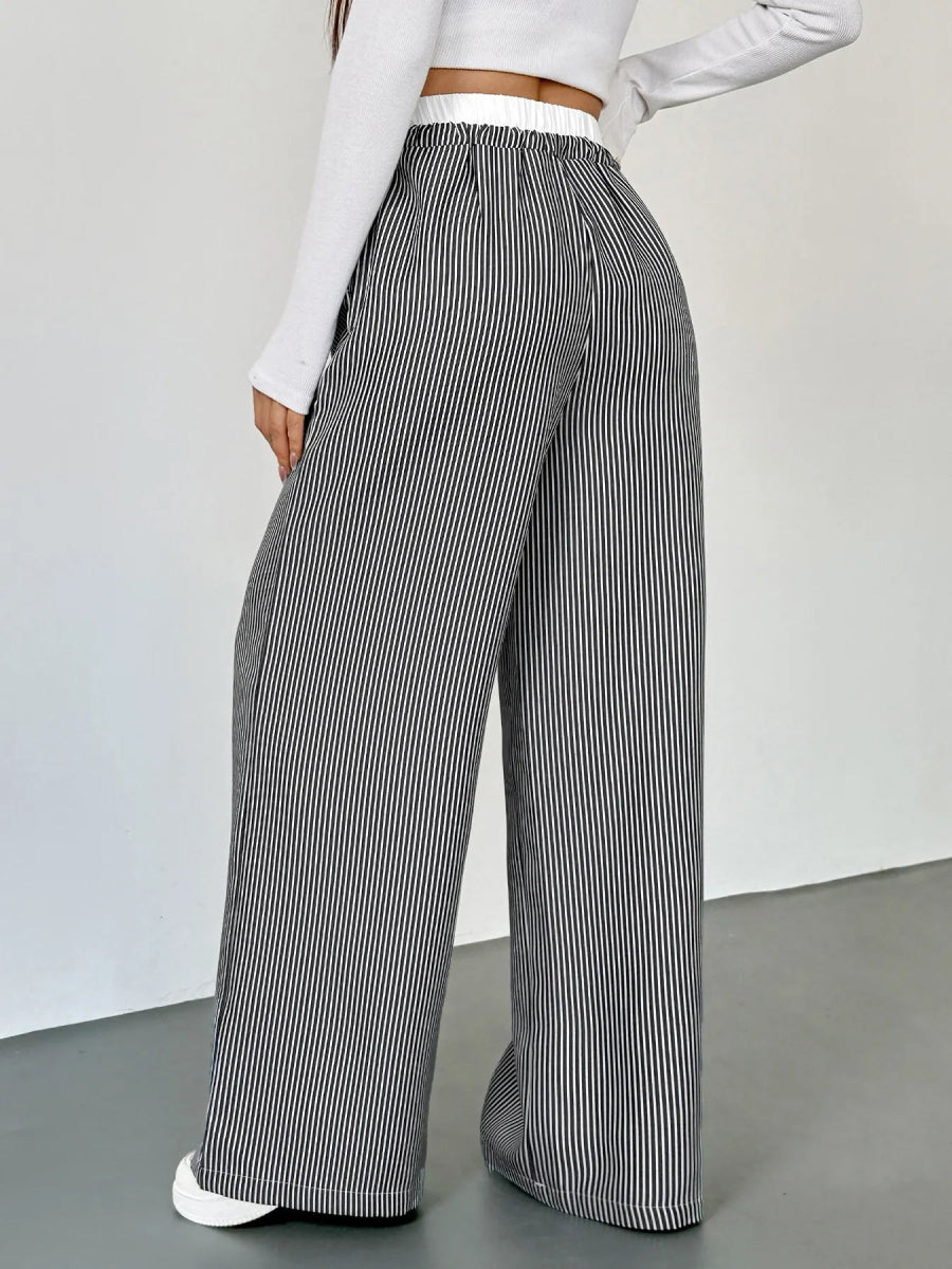 Striped Wide Leg Drawstring Pants - CELIVINE