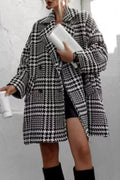 Houndstooth Collared Neck Long Sleeve Coat with Pockets - CELIVINE