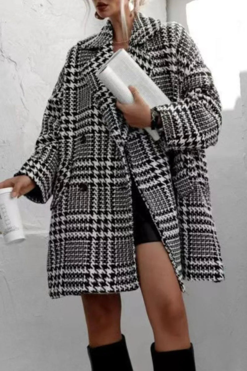 Houndstooth Collared Neck Long Sleeve Coat with Pockets - CELIVINE