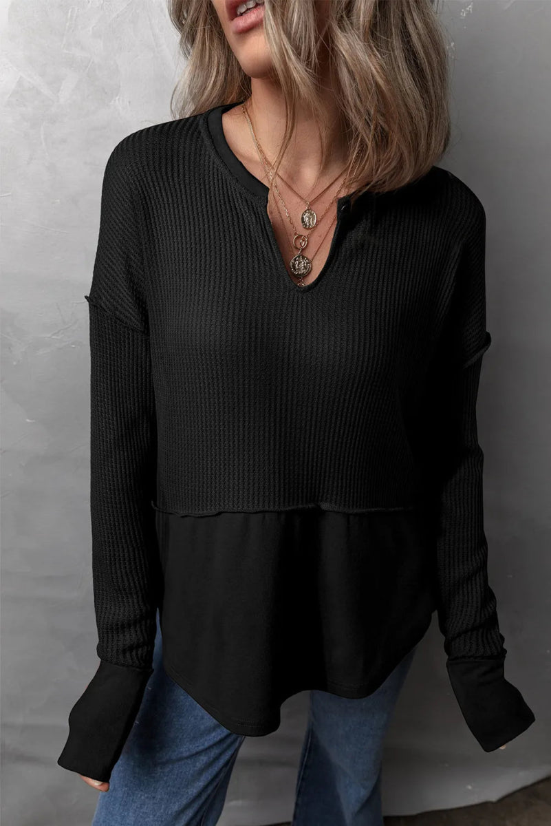 Waffle - Knit Exposed Seam Notched Long Sleeve Top - CELIVINE