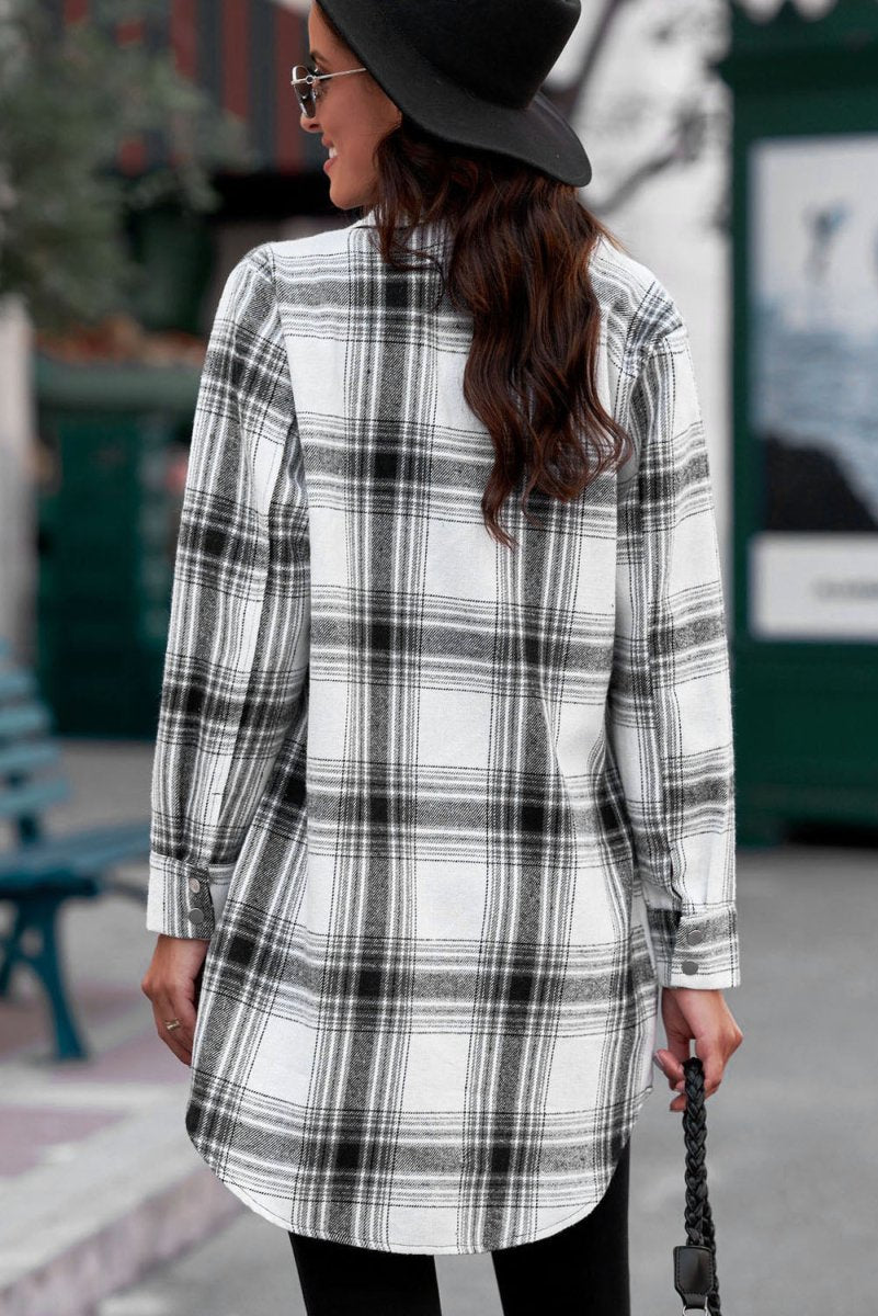 Plaid Button - Up Longline Shirt Jacket - CELIVINE