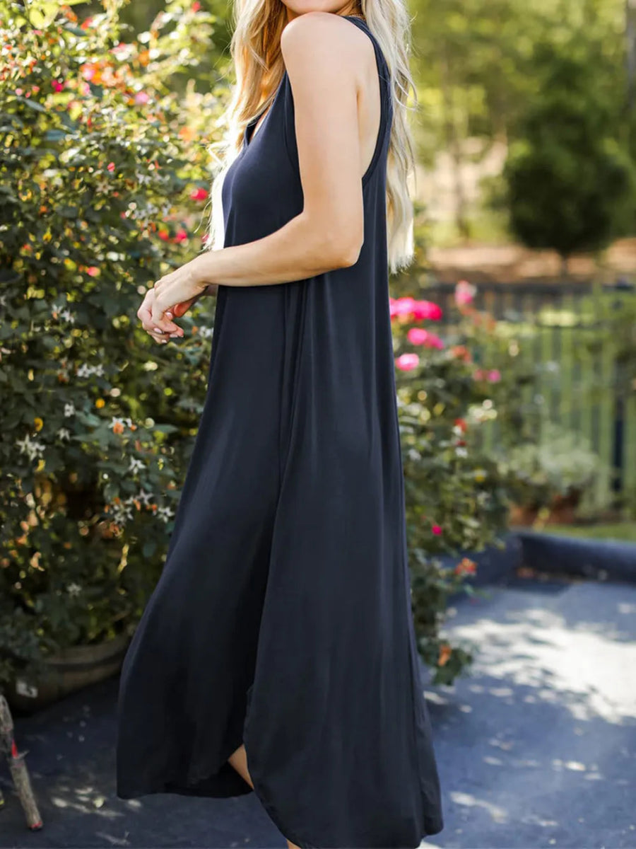 Full Size V - Neck Midi Tank Dress - CELIVINE