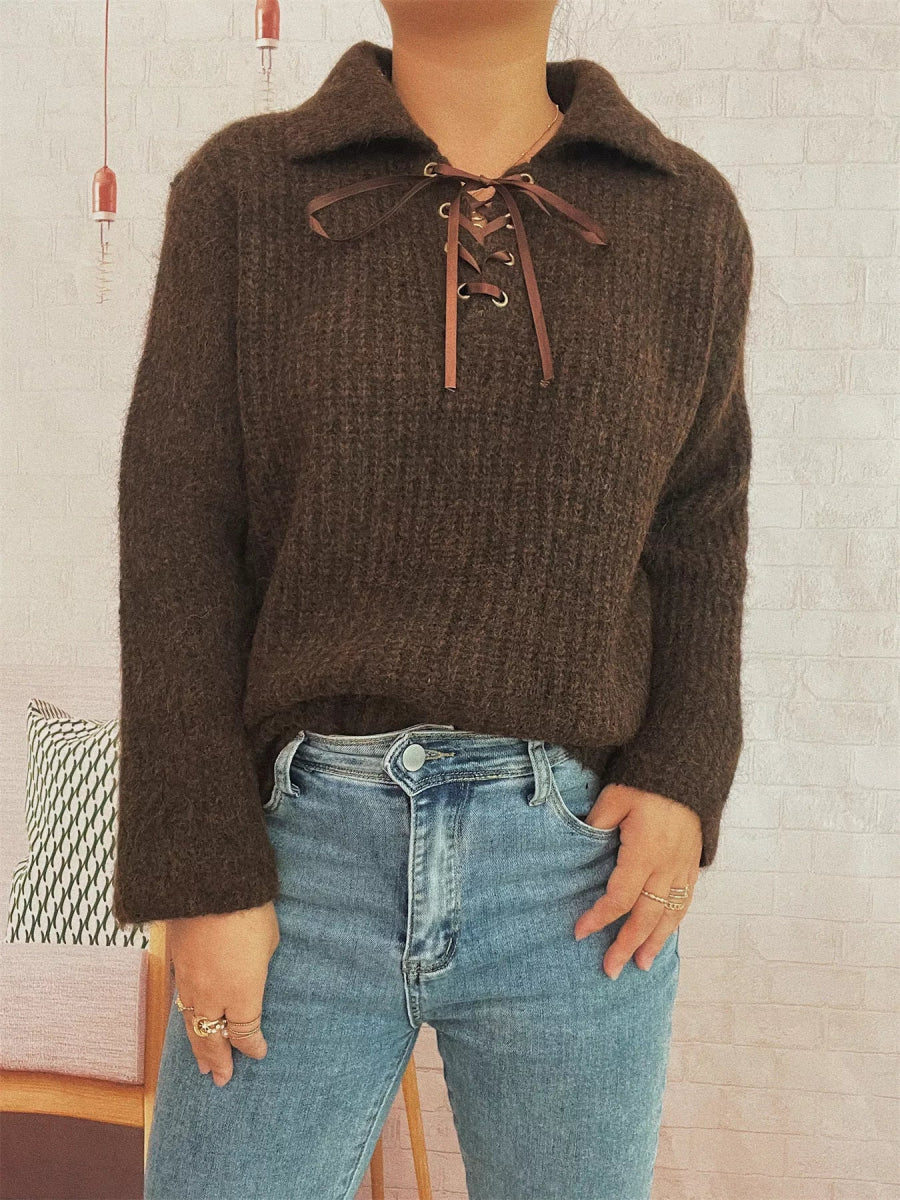 Lace Up Long Sleeve Sweater - CELIVINE