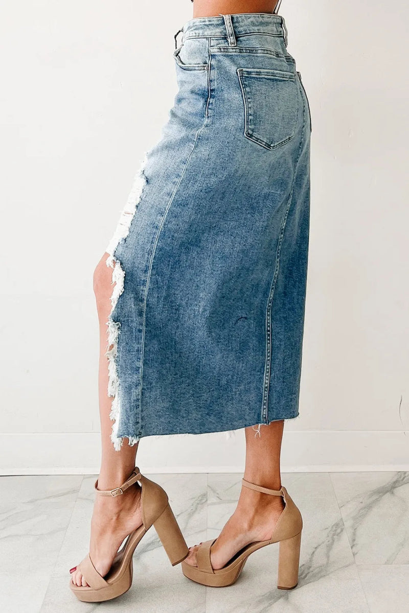 Distressed Asymmetrical Denim Skirt with Frayed Hem - CELIVINE