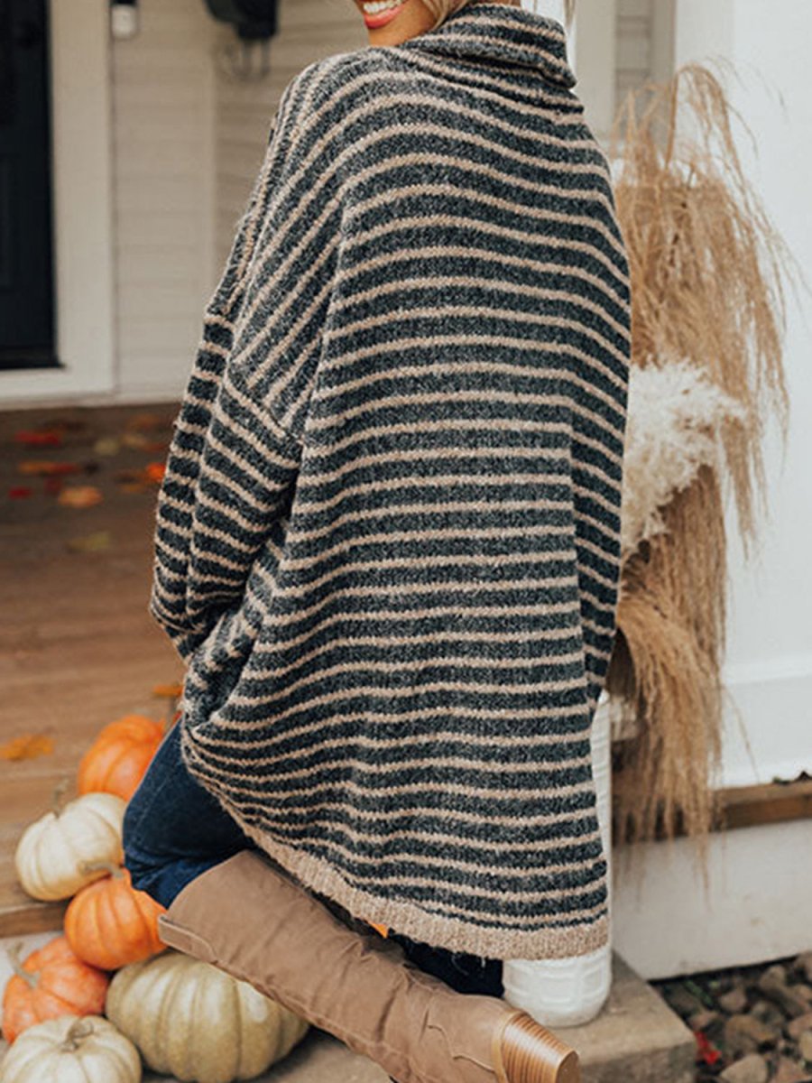 Striped Turtleneck Sweater with Pockets - CELIVINE